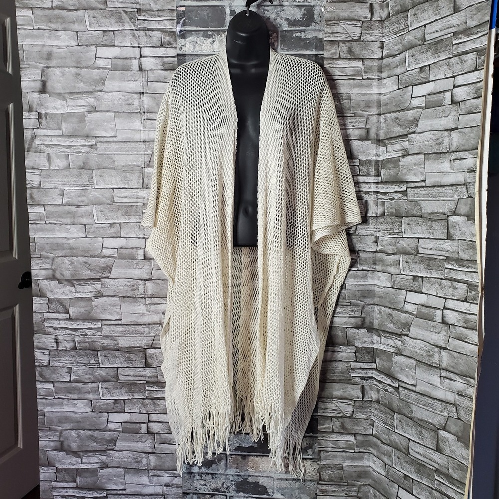 Steve Madden Open Poncho Cardigan Longline Mesh Knit Fringed Cover-Up Cream OS